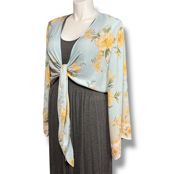 Rue+ Womens Bolero Shrug Crop Tie Front Kimono Sleeve Floral Yellow Blue 3X - Picture 6 of 8